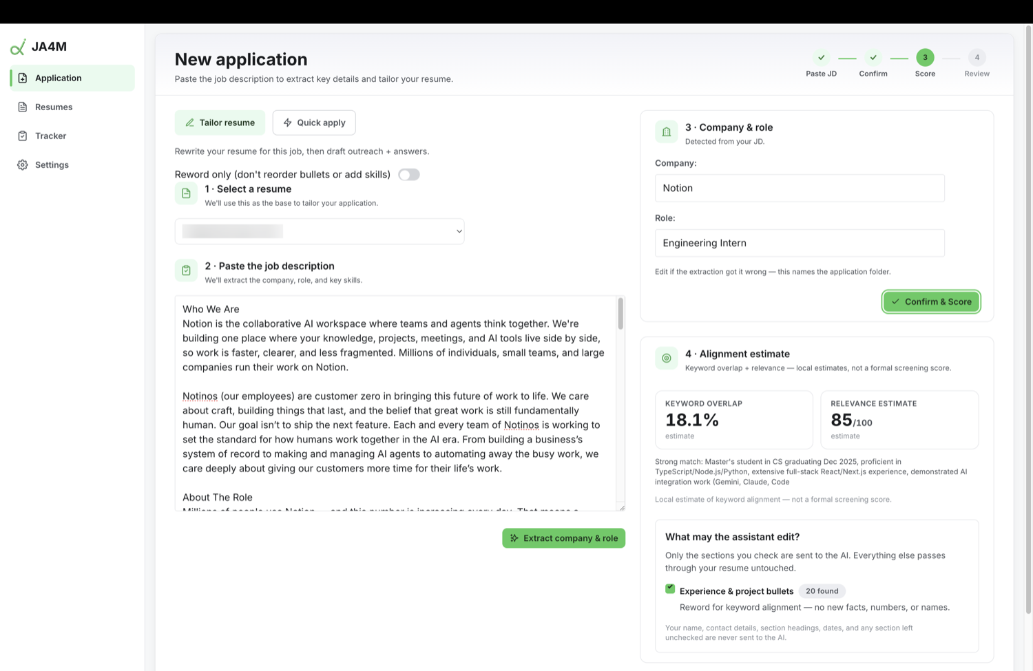 JA4M new-application screen: paste a job description, pick your resume, and see a keyword-overlap score and relevance estimate before tailoring.
